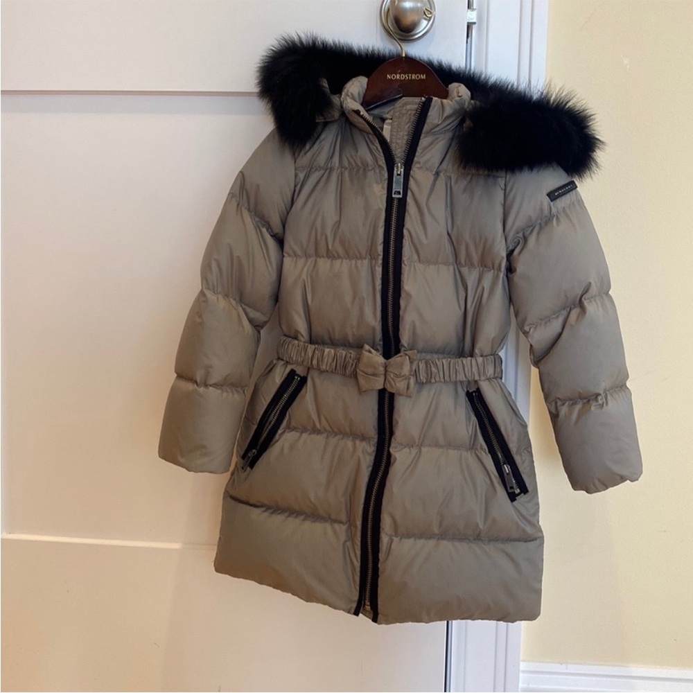 Burberry kids gray long puffer coat with detachable Faux Fur Hood